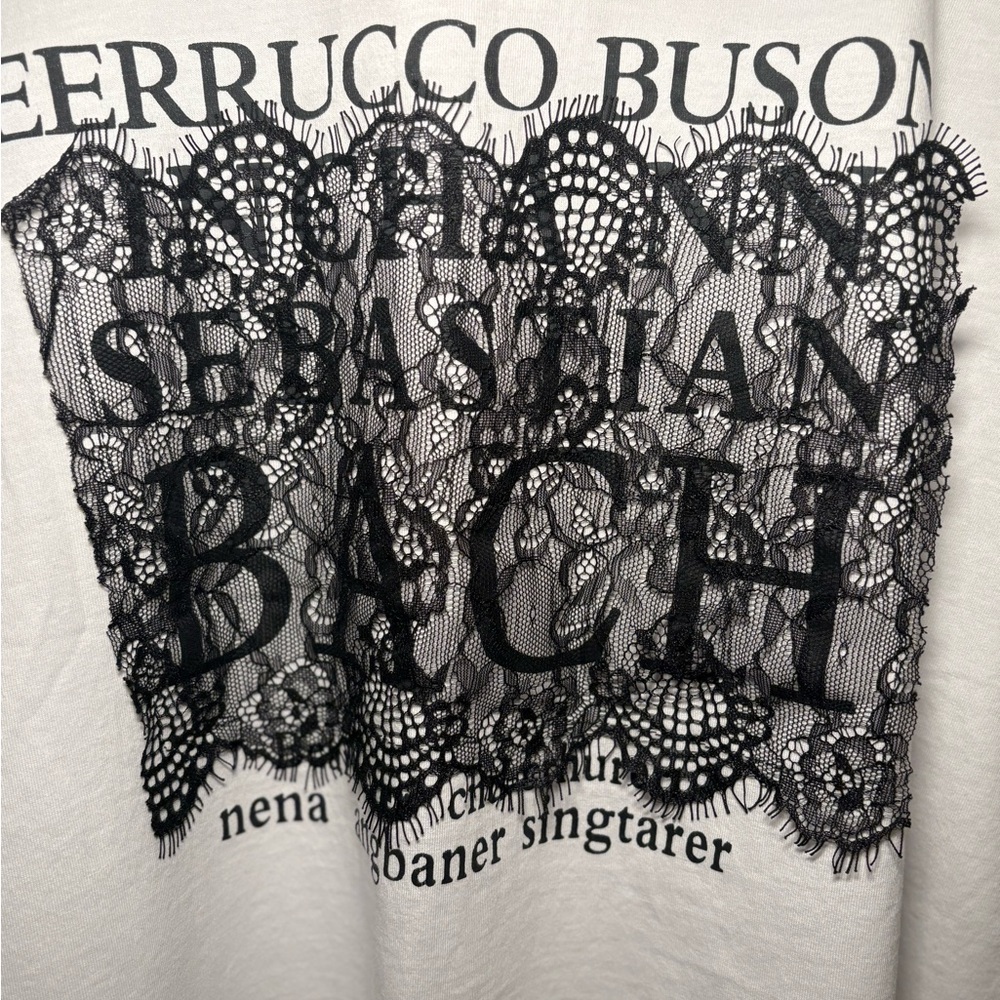 White Graphic Tee w/ Lace Overlay | Edgy Feminine Bach Print Tee | Euro C Medium - Picture 3 of 6